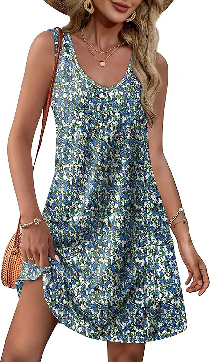 Ofeefan Women’s Summer Dress – Loose V-Neck Sleeveless Sundress Cover-Up with Pockets